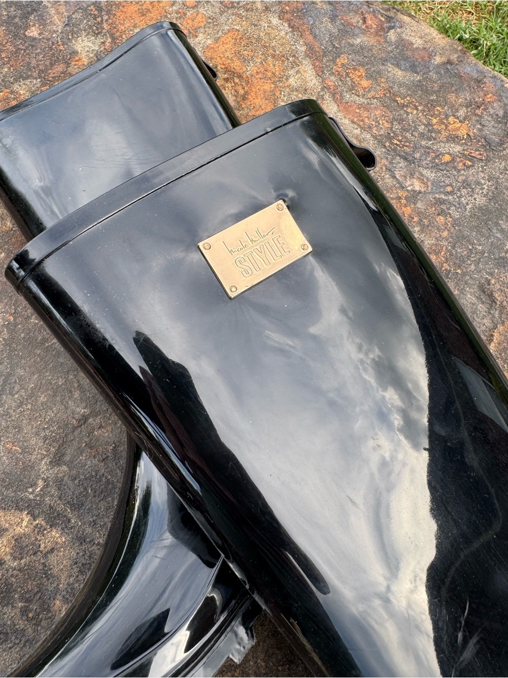 Nicole Miller New York Tall Rain Boots Black Glossy Rubber Lug Sole Sz 9M - Picture 13 of 13